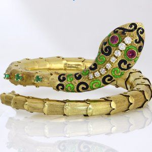 Vintage 18K Yellow Gold Snake bracelet with Diamonds, Pink Sapphires, and Emeral